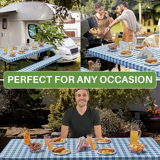 Hudson Comfort Picnic Table Cover with Bench Covers – 500 GSM Reusable Heavy Duty Vinyl Outdoor Table Cover - Waterproof Picnic Tablecloth with Carry Case - Blue (72 Inch 6 Feet)