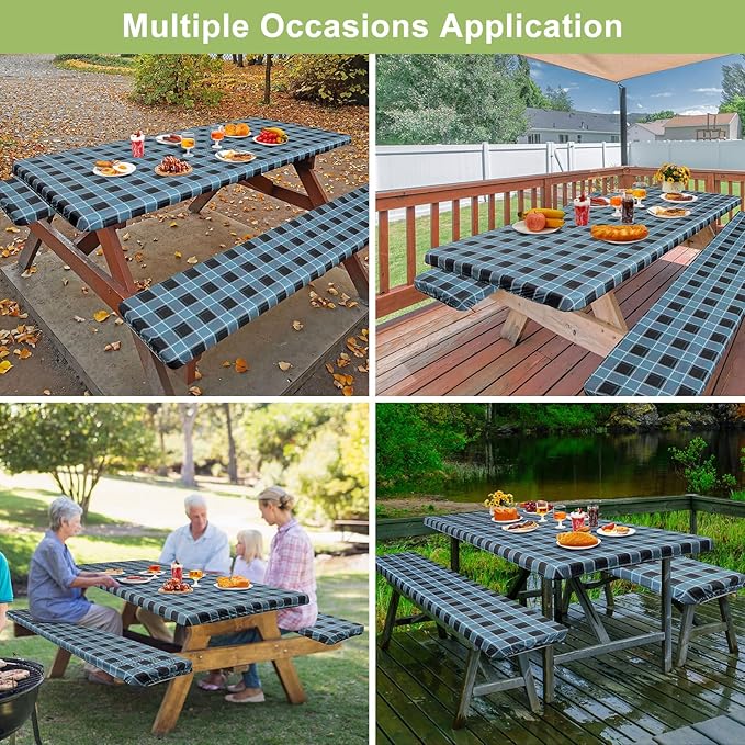 Picnic Table Cover with Bench Covers Camping Essentials Waterproof Windproof Camping Tablecloth with Drawstring Bag, Fitted Rectangle Tables and Seats, 72in, Small Blue Plaid