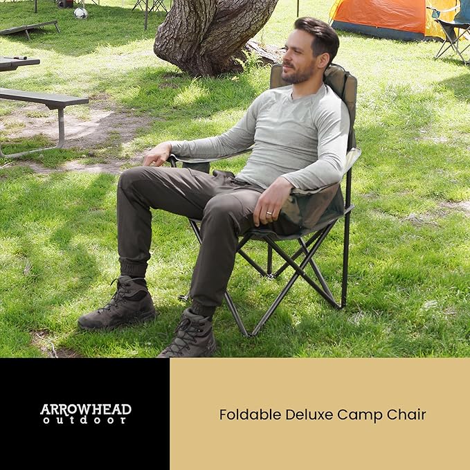 ARROWHEAD OUTDOOR 2-Pack Portable Folding Camping Quad Chair w/ 6-Can Cooler, Cup & Wine Glass Holders, Heavy-Duty Carrying Bag, Padded Armrests, Headrest & Seat, Supports up to 550lbs