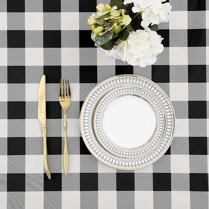 misaya Buffalo Rectangle Picnic Tablecloth, 5 Foot Elastic Fitted Vinyl Table Cloth with Flannel Backing, Waterproof Plaid Table Covers for Dining, Camping, Outdoor (Black and White, 36" x 60")
