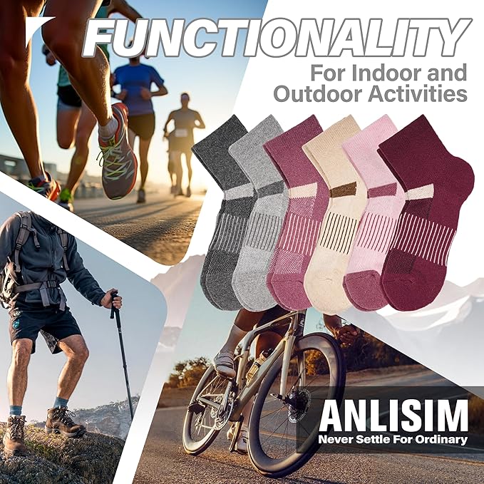 6 Pairs Merino Wool Ankle Running Hiking Socks Compression Support Breathable Thick Cushion No Show Socks for Women Men