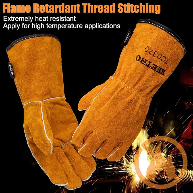 BEETRO Welding Gloves 1 Pair, Cow Leather Forge/Mig/Stick Welder Heat/Fire Resistant, Mitts for Oven/Grill/Fireplace/Furnace/Stove/Pot/Wood Burner/BBQ/Animal handling glove with Soft Lining