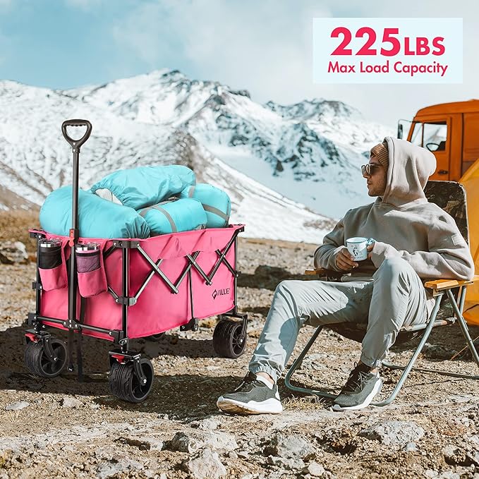 VILLEY Collapsible Folding Wagon with Big Wheels, Enlarged 225lbs Capacity, All Terrain Wagons Carts Heavy Duty Foldable, Portable Utility Garden Cart with 2 Cup Holders and Brake, Pink