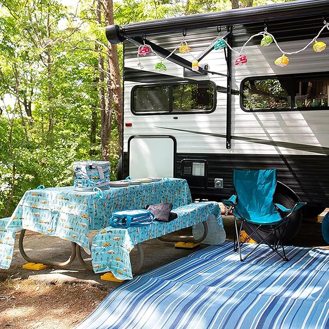Camco Life is Better at The Campsite Tablecloth with Bench Covers | Provides a Clean Eating Surface for Outdoor Activities | Features an RV and Tree Sketch Design | (53380)