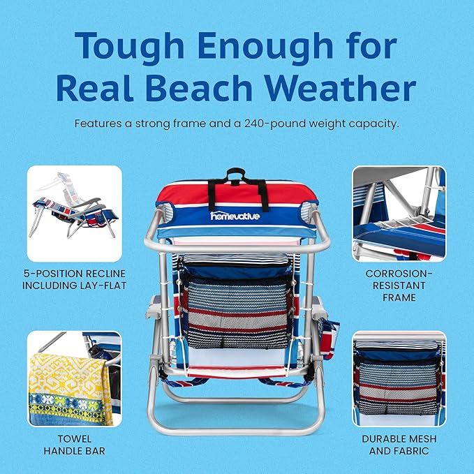 Homevative Backpack Fold-Up Beach Chair, 5 Positions, Towel bar, Cooler, Storage Pouch, Cup Holder and Phone Pocket