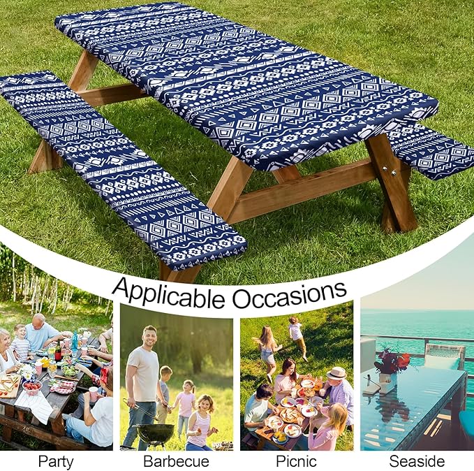 Picnic Table Cover with Bench Covers Camping Essentials Waterproof Windproof Camping Tablecloth with Drawstring Bag, Fitted Rectangle Tables and Seats, 72in, Bohemian Navy Blue