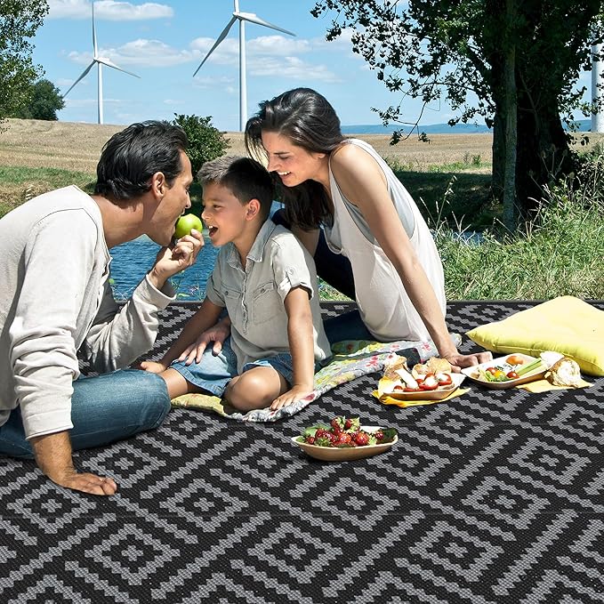 GENIMO Outdoor Rug for Patio Clearance,9'x18' Waterproof Mat,Reversible Plastic Camping Rugs,Rv,Porch,Deck,Camper,Balcony,Backyard,Black & Gray