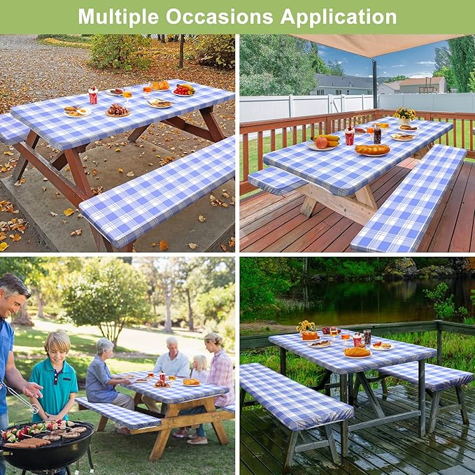Picnic Table Cover with Bench Covers Camping Essentials Waterproof Windproof Camping Tablecloth with Drawstring Bag, Fitted Rectangle Tables and Seats, 60in, Light Blue Checkered