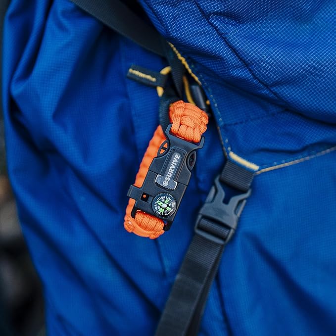 SURVIVE Paracord Bracelet, Pack of 2, Emergency Hiking Survival Kit Fire Starter Compass Whistle, 3 Wrist Sizes: Small Medium Large, 8.5-10 ft Continuous Strand Flint Steel Scraper 5 in 1