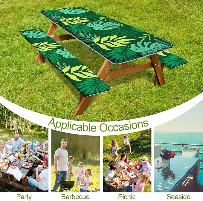 Picnic Table Cover with Bench Covers Camping Essentials Waterproof Windproof Camping Tablecloth with Drawstring Bag, Fitted Rectangle Tables and Seats, 60in, Dark Green