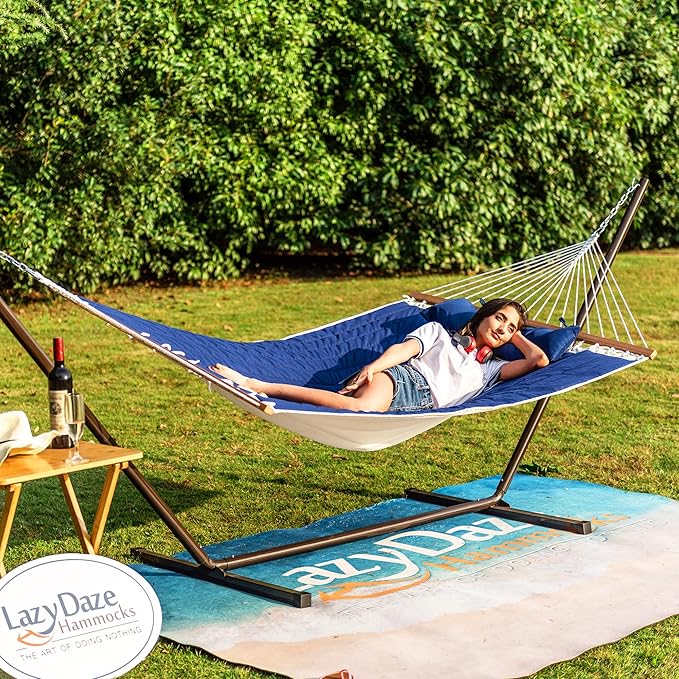 Lazy Daze Quilted Fabric Hammock with 12-Foot Stand, Double 2-Person Hammock with Pillow for Outdoor Outside Patio, Garden, Backyard, 450LB Capacity, Royal Blue