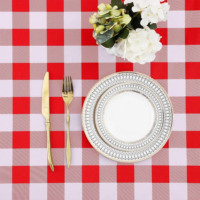 misaya Buffalo Rectangle Picnic Tablecloth, 4 Foot Elastic Fitted Vinyl Table Cloth with Flannel Backing, Waterproof Plaid Table Covers for Dining, Camping, Outdoor (Red and White, 24" x 48")