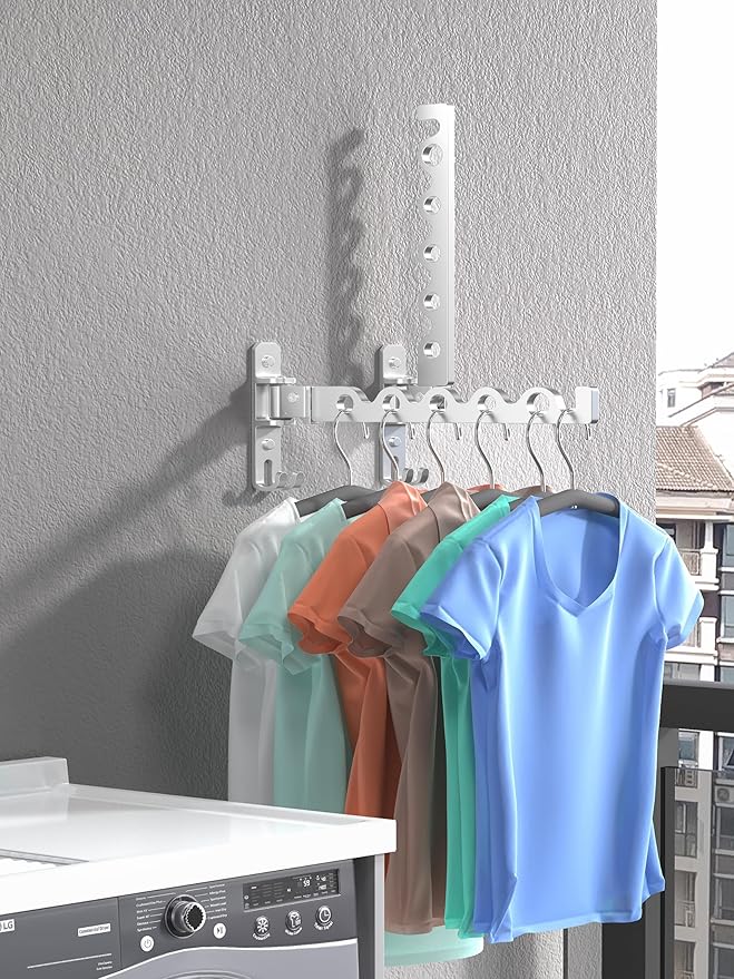 Dr.DJ Wall Hanger for Clothes, Coat Hanger Wall Mounted Silver Retractable Clothes Drying Organizer Rack Garment Hooks Aluminium Folding Indoor Space Save (2 Racks) Silver