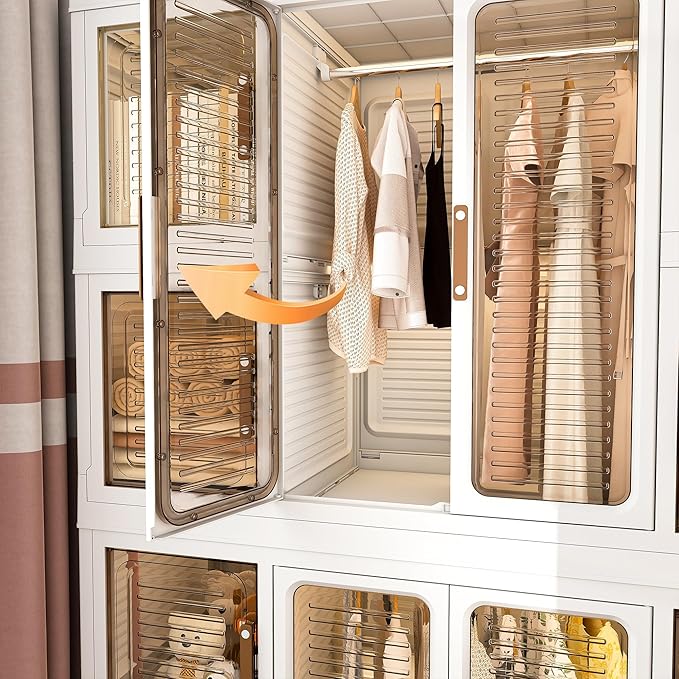 Collapsible Expandable Wardrobe Closet, Multi-Function Plastic Wardrobe,Wardrobes Storage Cabinet (12 Cubes+2 Hanging Rod)