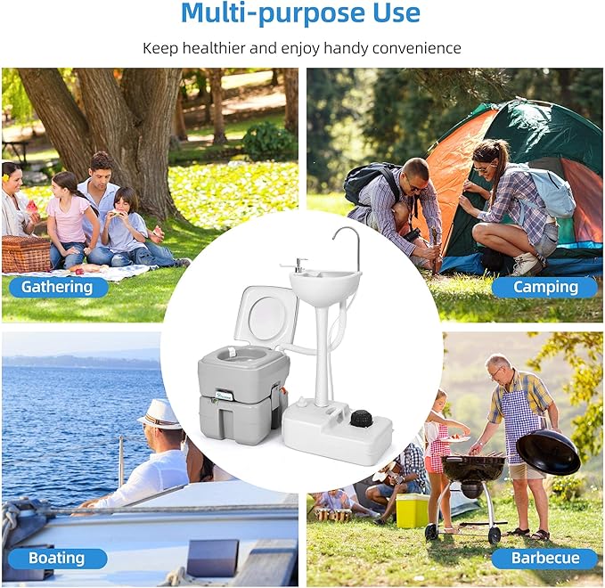 YITAHOME Portable Sink and Toilet, 17 L Hand Washing Station & 5.3 Gallon Flush Potty,for Outdoor,Camping, RV, Boat, Camper, Travel,Grey white