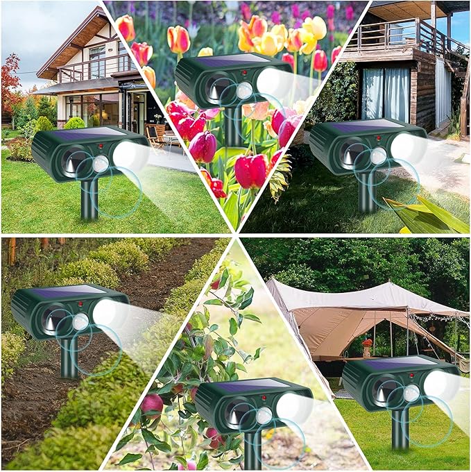 Solar Ultrasonic Animal Repeller Outdoor Cat Repellent Sonic Fortress Pro Deer Repellent with Motion Sensor & Strobe Light,Animal Deterrent Devices for Squirrel Racoon Skunk Rabbit Garden Yard, 4 Pack