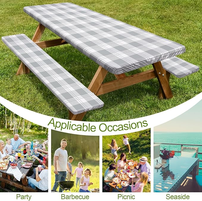 Picnic Table Cover with Bench Covers Camping Essentials Waterproof Windproof Camping Tablecloth with Drawstring Bag, Fitted Rectangle Tables and Seats, 60in, Grey Checkered