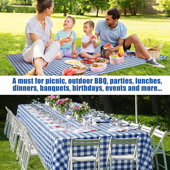 54 Inch x 300 Ft Blue Checkered Plastic Table Cloth Roll Disposable Waterproof Table Cover Plastic Table Cover Roll with Easy Slide Cutter for Outdoor Picnic/Home Dining/Spring Party