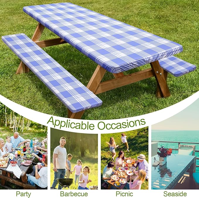 Picnic Table Cover with Bench Covers Camping Essentials Waterproof Windproof Camping Tablecloth with Drawstring Bag, Fitted Rectangle Tables and Seats, 96in, Light Blue Checkered