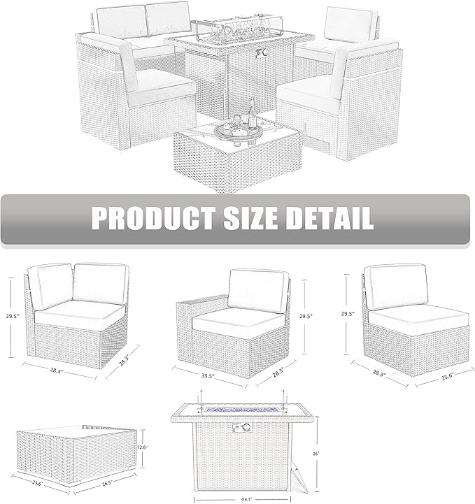 LayinSun 7 Pieces Outdoor Patio Furniture Set with 44" Fire Pit Table Rattan Sectional Sofa Conversation Sets