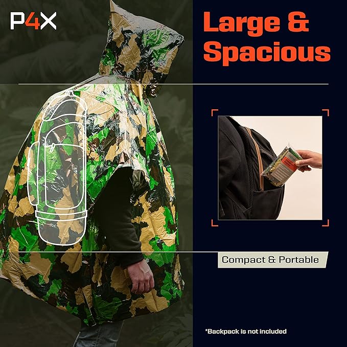 PREPARED4X Emergency Poncho and Mylar Blanket Liner - Waterproof, Wind-Resistant Outdoor Rain Poncho for Camping, Emergencies