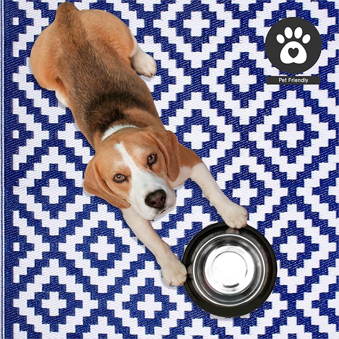 FH Home Outdoor Rug - Waterproof, Fade Resistant, Reversible - Premium Recycled Plastic - Geometric - Patio, Porch, Deck, Balcony - Aztec - Blue & White Crease Free - 5 x 8 ft