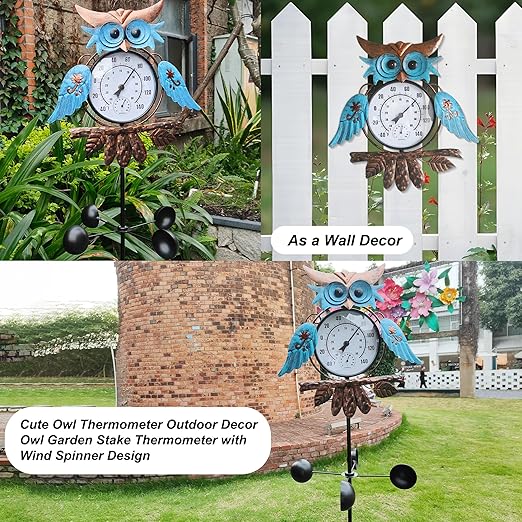 Outdoor Thermometer for Patio - Owl Garden Stake Thermometer with Wind Spinner Design - 60 inch Outside Temperature Gauge for Yard - Easy to Read, Durable & Weatherproof - Garden Decor