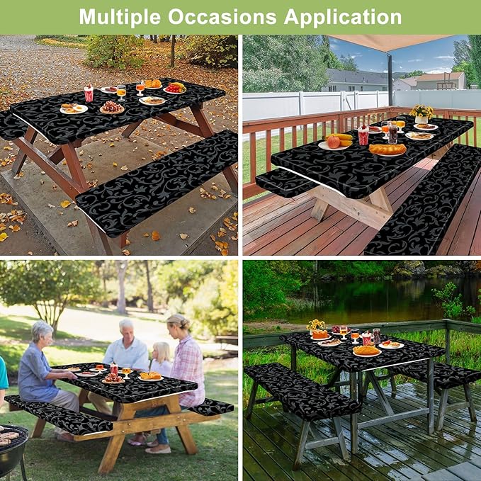 Picnic Table Cover with Bench Covers Camping Essentials Waterproof Windproof Camping Tablecloth with Drawstring Bag, Fitted Rectangle Tables and Seats, 72in, Black Grey