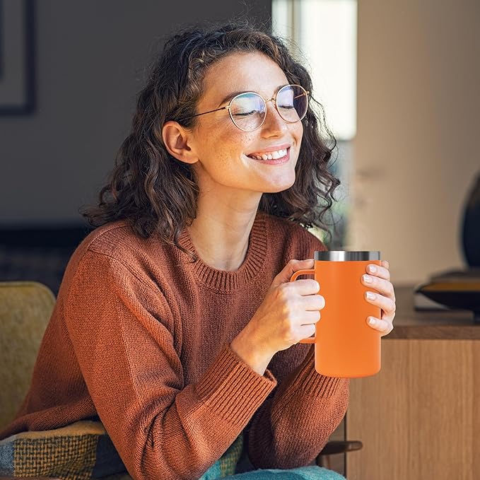 DOMICARE 24oz Mug with Handle and Lid, Stainless Steel Coffee Mug, Travel Mug with Handle, Double Wall Vacuum Coffee Tumbler, Reusable Insulated Cup, Orange, Pack 4