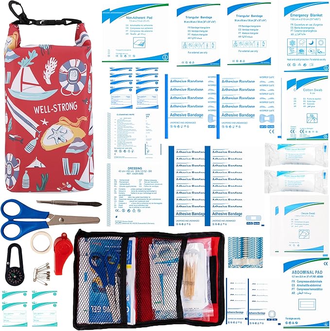 Boat First Aid kit, Roll Top Marine Tool Kit, Emergency Waterproof Kit for Fishing, Kayaking, Boating, Ponton, Beach, Swimming Red