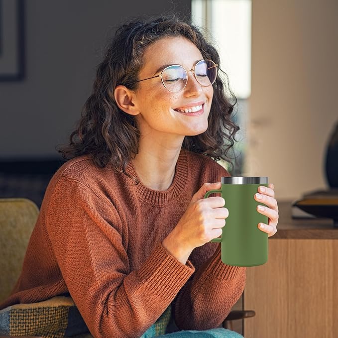 DOMICARE 24oz Mug with Handle and Lid, Stainless Steel Coffee Mug, Reusable Insulated Cup, Travel Mug with Handle, Double Wall Vacuum Coffee Tumbler for Men and Women, Army Green, Pack 1