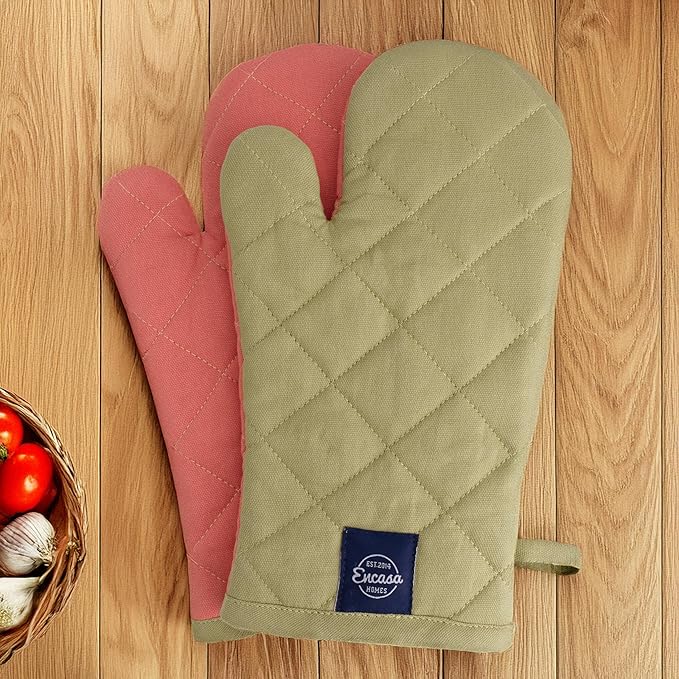 Encasa XO Heat Resistant Cotton Oven Gloves Mitts (2 Pc Set) - Quilted & Safe 12x6.6 in - for Kitchen, Cooking & Baking, Grilling, Handling Hot Pots & Pans - Sage & Coral