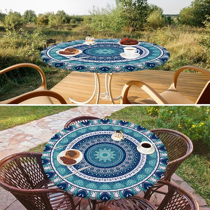 Round Tablecloth Fitted Elastic Table Cover Waterproof Table Cloth for Dinner, Party, Picnic,Camping, Round Table Cover for Indoor Outdoor