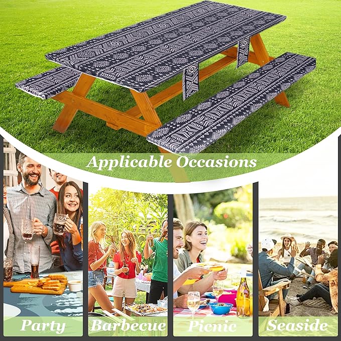 Picnic Table Cover with Bench Covers Vinyl Elastic Edges Fitted Rectangle Seat Tables Waterproof 3-Piece72X30in Set Outdoor Rectangular Folding Backing Tablecloth for Camping Over SizeTie-Dye 115