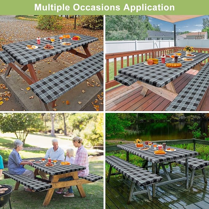 Picnic Table Cover with Bench Covers Camping Essentials Waterproof Windproof Camping Tablecloth with Drawstring Bag, Fitted Rectangle Tables and Seats, 72in, Small Gray Plaid