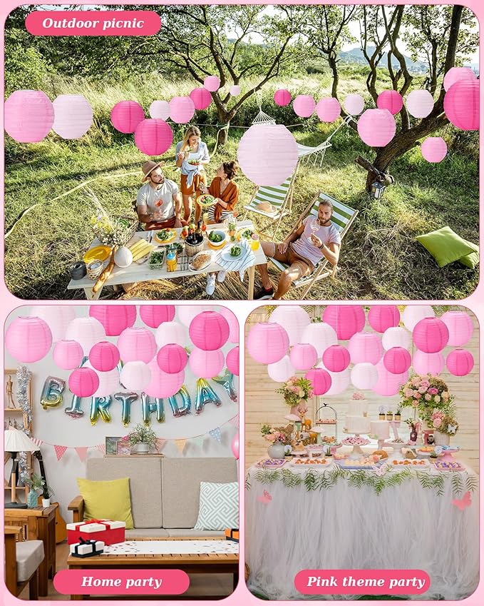Treela 48 Pcs Paper Lanterns Party Decorations Chinese Round Paper Lanterns 4/6/8/10 Inch Asian Hanging Lamps Decorative for Birthday Party Supplies (Pink Series)