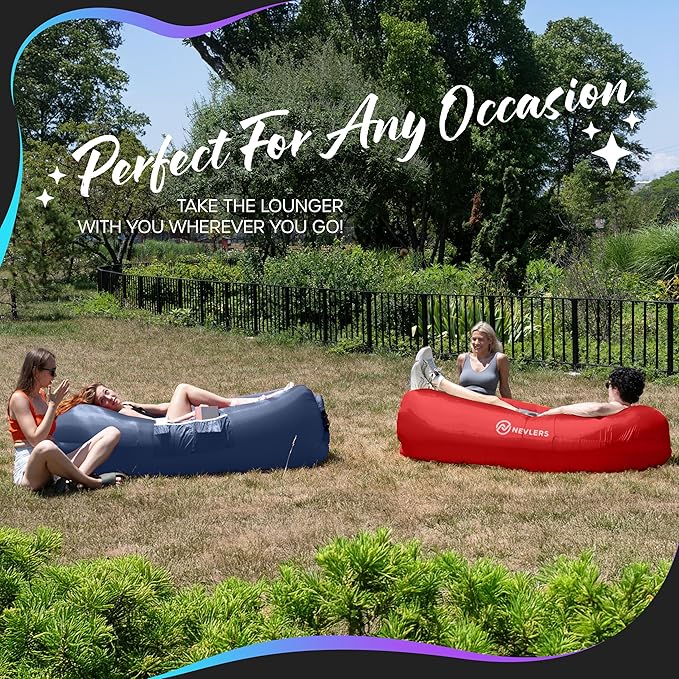 Nevlers 2 Pack Inflatable Loungers Air Sofa Couch | Perfect for Beach Chair Camping Chairs or Portable Hammock |Travel Bag Pouch, Pegs & 3 Pockets| Movie Seating & Camping Accessories Blow Up Lounger
