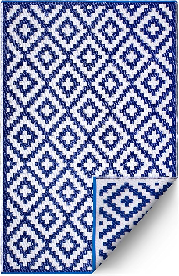 FH Home Outdoor Camping Rug - Waterproof, Fade Resistant, Reversible - Premium Recycled Plastic - Geometric - Large Patio, Deck, Sunroom, RV - Aztec - Blue & White - 9 x 12 ft Foldable