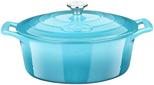 La Cuisine Enameled Cast Iron Oval Dutch Oven Casserole Pot with Lid 5 QT Internal Matte Black Enamel for bread baking, 2-ton Teal Enamel Coating Finish Exterior,Oven Safe up to 500° F
