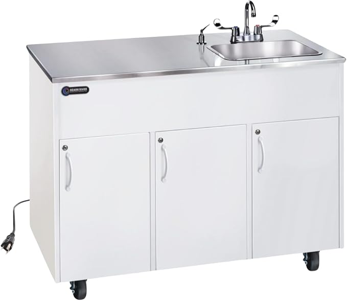 Ozark River Portable Sinks, Advantage S1D, White Laminate Cabinet-Stainless Countertop, Hot Water Hand Washing Station with Countertop & Storage Space, Self Contained Sink, Portable Hand Washing Sink