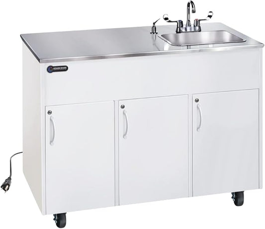 Ozark River Portable Sinks, Advantage S1D, White Laminate Cabinet-Stainless Countertop, Hot Water Hand Washing Station with Countertop & Storage Space, Self Contained Sink, Portable Hand Washing Sink
