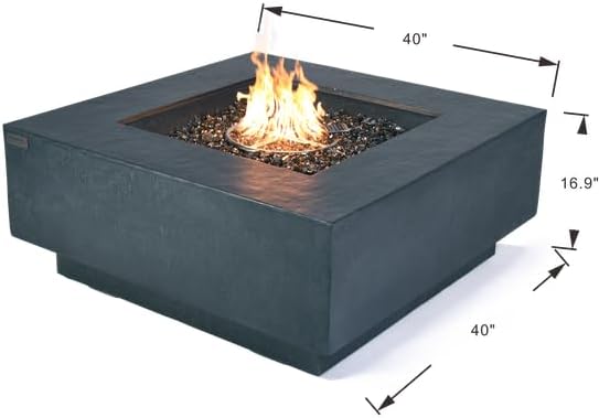 Elementi+ | Bundle Bergen Gas Fire Pit Cast Concrete 40" Square Fire Table, Outdoor Fire Pit Electronic Ignition | Canvas Cover, Fire Glass and Burner Lid Included | Dark Gray | Propane Gas