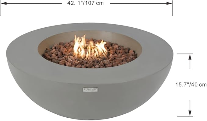 Elementi Lunar Bowl Fire Pit Bundle Outdoor Includes 42” Propane Concrete Firepit, Glass Windscreen, Stainless Steel Cover, Tank Cover, Canvas Cover, Floor Mat, Hammock, Beverage Tub
