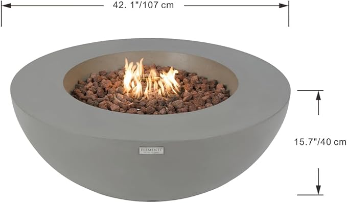 Elementi Lunar Fire Bowl Outdoor Gas Firepit Table 42 Inches Natural Gas Fire Pit Patio Heater Concrete High Floor Clearance Firepits Electronic Ignition Backyard Fireplace Cover Lava Rock Included