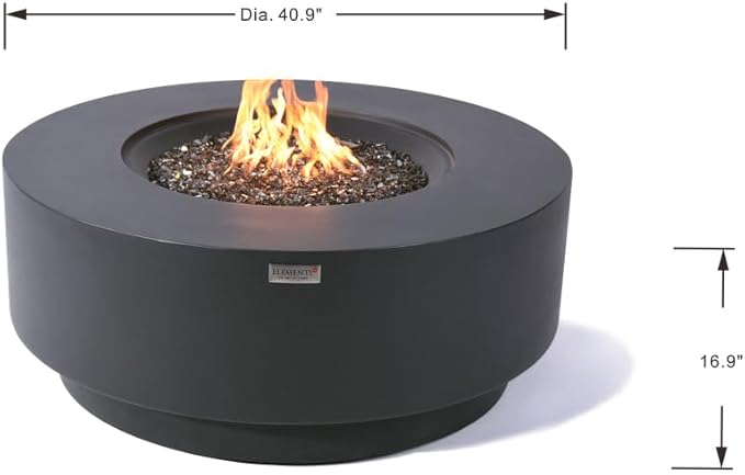 Elementi+ | Bundle Nimes Gas Fire Pit Cast Concrete 40" Dia. Round Fire Table, Outdoor Fire Pit Electronic Ignition | Canvas Cover, Fire Glass and Burner Lid Included | Dark Gray | Natural Gas