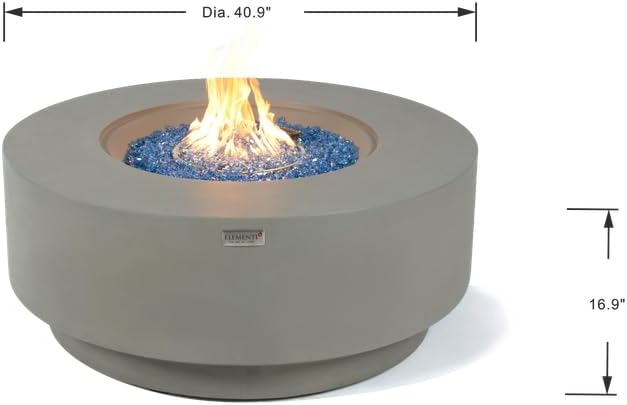 Elementi+ | Bundle Colosseo Gas Fire Pit Cast Concrete 40" Dia. Round Fire Table, Outdoor Fire Pit Electronic Ignition | Canvas Cover, Fire Glass and Burner Lid Included | Light Gray | Natural Gas