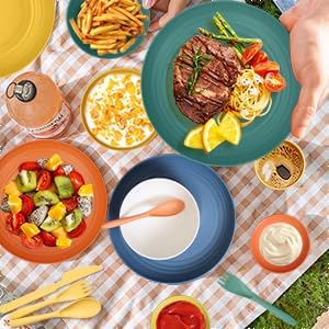 Wheat straw plates and bowls sets with cutlery - Unbreakable wheat straw dinnerware sets of 28 - Microwave safe plates,bowls,cups for camping,kitchen,new apartment.Colorful