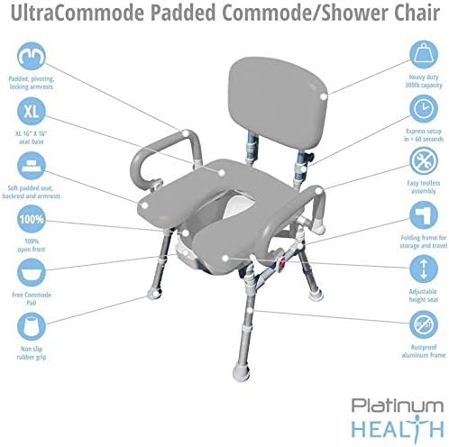 Platinum Health UltraCommode™ Foldable Commode and Shower Chair, Soft, Warm, Portable and Foldable XL Toilet Seat with Open Front, Padded Armrests, Adjustable Height, Includes Free Commode Pail, Gray