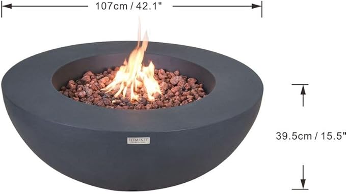 Elementi | Bundle Lunar Gas Fire Pit Cast Concrete 42" Round Fire Table, Outdoor Fire Pit Electronic Ignition | Canvas Cover, Lava Rock Included | Dark Gray (Natural Gas)