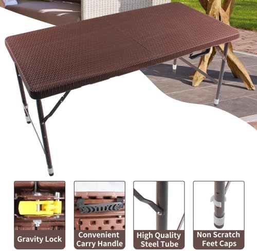 Rattan Folding Table 4ft Heavy-Duty Portable Outdoor Picnic Table for Party Dining Camping Tables with Handle(Brown)